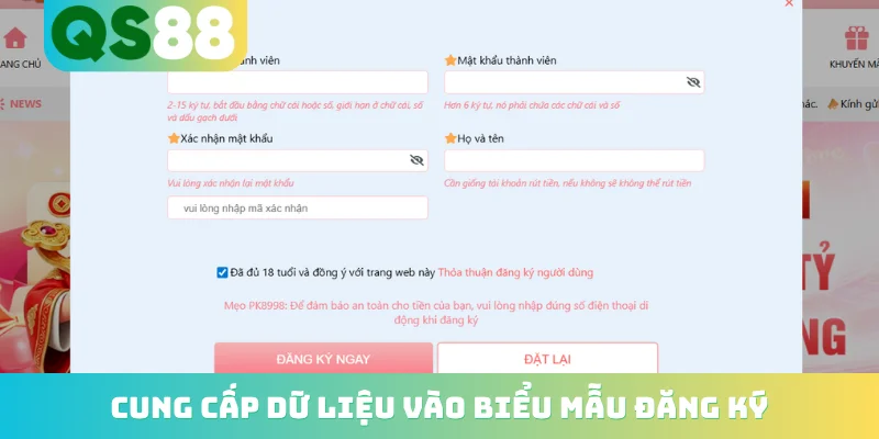 Đăng ký QS88 2 Cung cấp dữ liệu vào biểu mẫu đăng ký